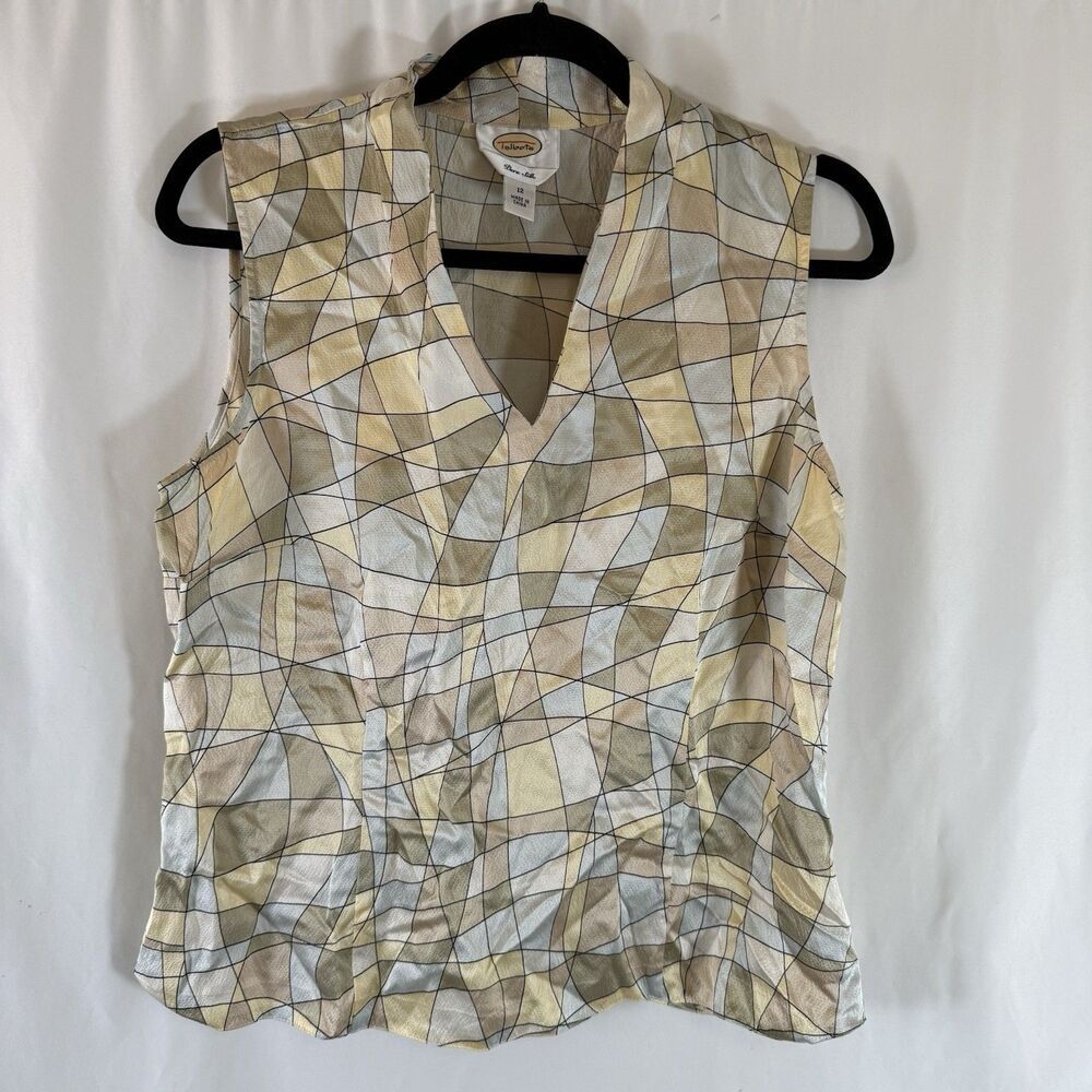 Talbot Silk Blouse Women's 12 Yellow Geometric Sleeveless Vneck Lightweight